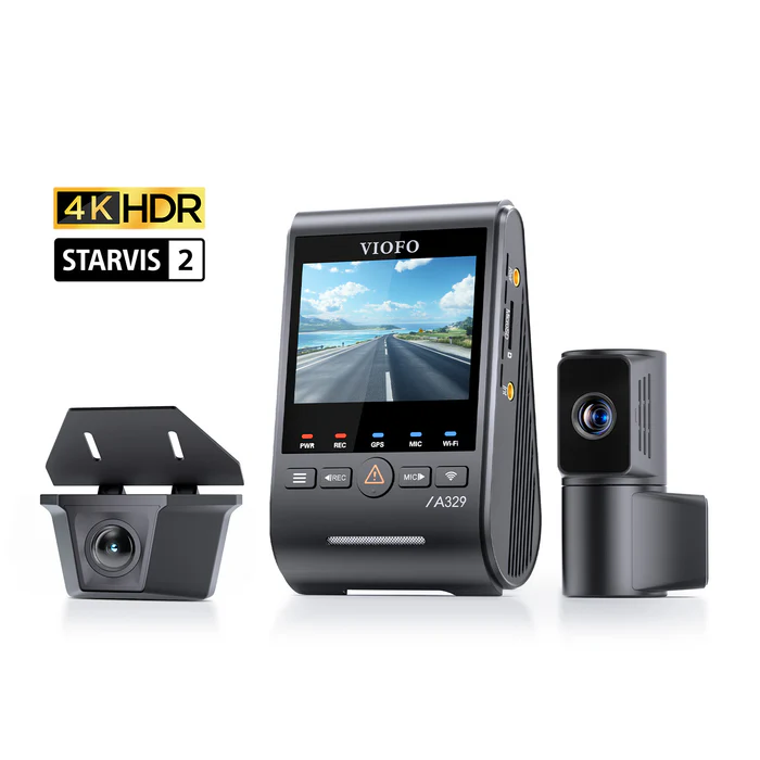 Camera trước VIOFO A329TW 3CH 4K 30FPS + Camera tele 2K + Camera chống nước 2K, Cảm biến Sony STARVIS 2 HDR, Hỗ trợ lưu trữ SSD, Phát hiện va chạm công suất thấp, Ghi hình đỗ xe lai